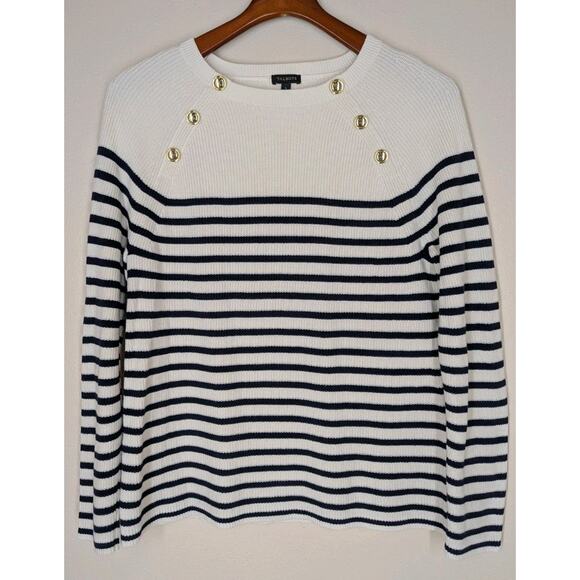 Talbots Sweaters - Talbots Sweater White Navy Blue Striped Nautical Gold Button Detail Size Large